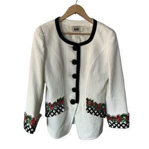 Milli White Woven Vintage Jacket Floral Beaded Accents Size 38 Made In France